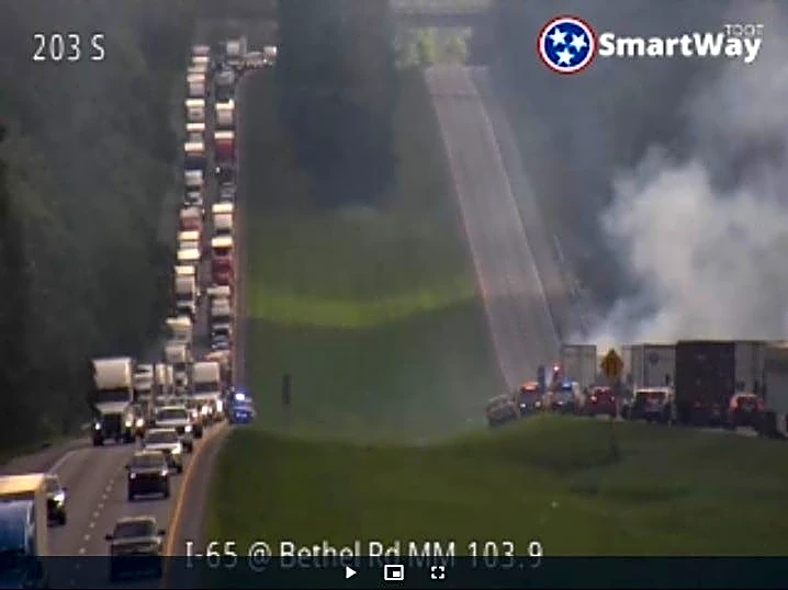 Interstate 65 shut down in Robertson County after semi catches fire