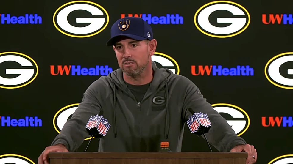 Matt LaFleur wears Brewers hat, congratulates team on first World Series berth since 1982