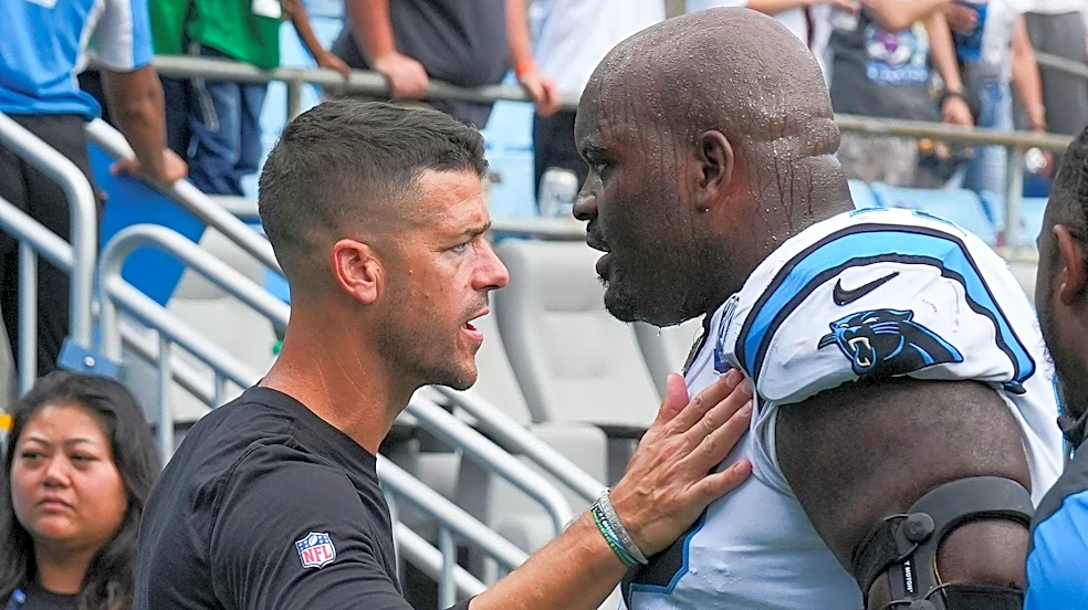 Panthers HC Dave Canales is asked if OT Taylor Moton, 2 others will return vs. Eagles in Week 6