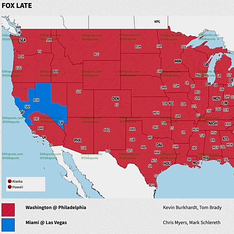 Raiders vs Dolphins Week 1 TV broadcast map