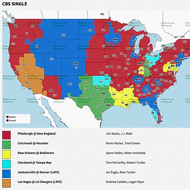 Raiders vs Chargers Week 2 TV broadcast map