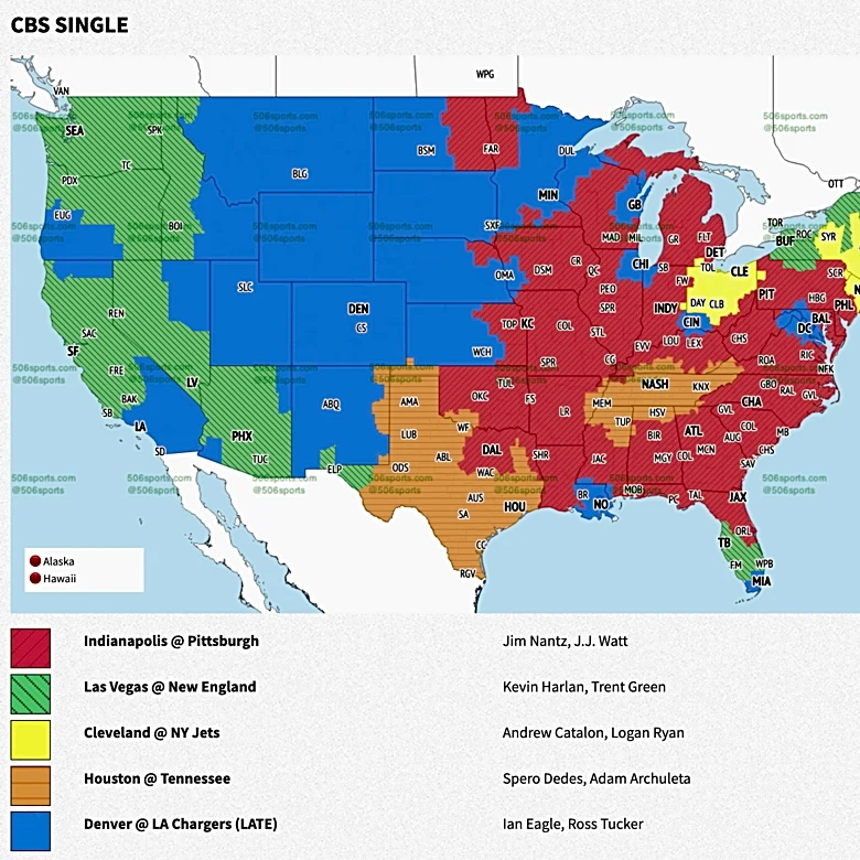 Raiders vs Patriots Week 5 TV broadcast map