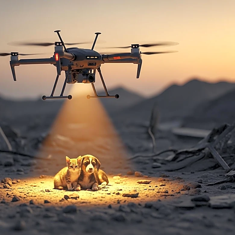 Ukrainian Soldiers Use Drone to Rescue Stranded Cat and Dog from War Zone