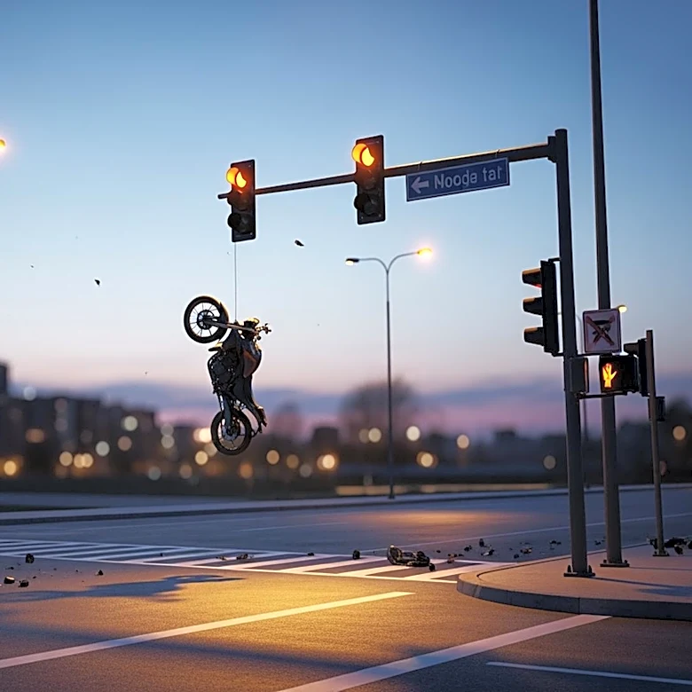 Motorcycle Crash in Delta Leaves Vehicle Dangling from Traffic Lights