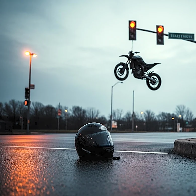 Motorcyclist Injured in Unusual Crash with Bike Dangling from Traffic Light in Canada