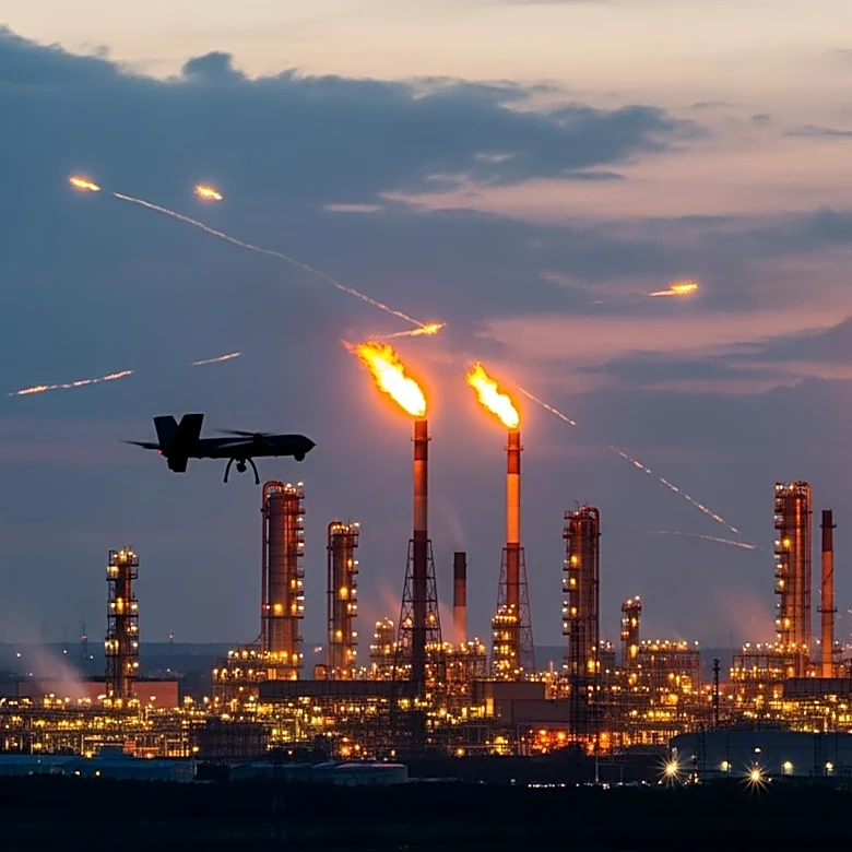 Ukrainian Drones and Missiles Target Russian Oil Refinery and Manufacturing Site in Long-Range Strikes