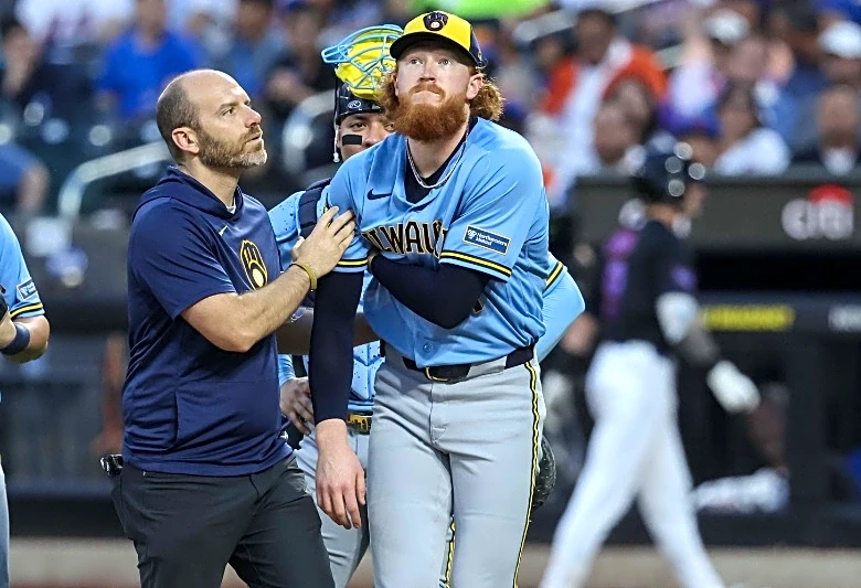 Brewers' Dustin May drilled by first-pitch liner; X-rays negative