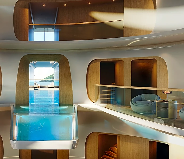 Feadship’s Bonkers 377-Foot Megayacht Concept Has a Glass-Bottomed Pool That Stretches Into the Interior