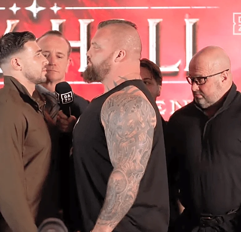 Face off! Tommy Fury stares down monstrous Eddie Hall at Misfits Boxing press conference (Video)