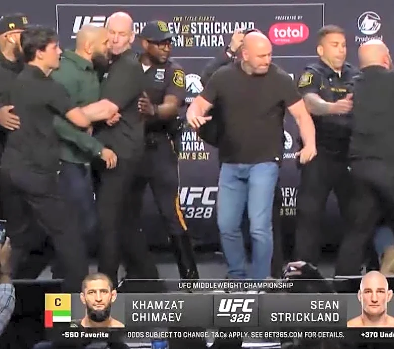 Staredowns! Khamzat Chiamev kicks Sean Strickland during UFC 328 press conference face offs