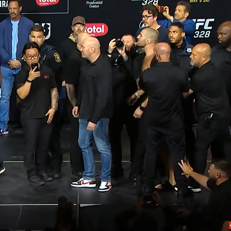 Staredowns! Khamzat Chimaev’s final faceoff with Sean Strickland spoiled by wave of antsy security | UFC 328 video