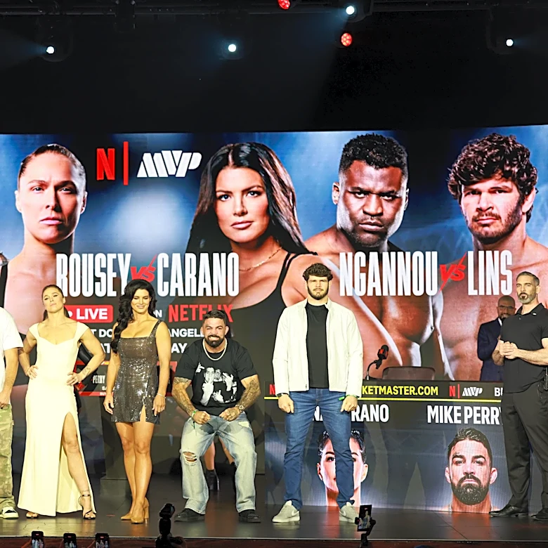 Rousey vs. Carano broadcast team set, includes Jon Jones and Cain Velasquez