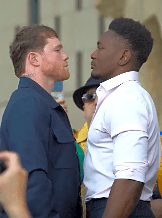 Face off! Canelo Alvarez vs. Christian Mbilli staredown video from kickoff press conference in Egypt