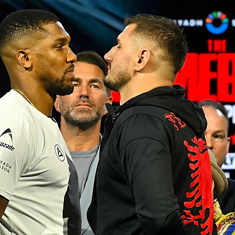Face off! Anthony Joshua vs. Kristian Prenga staredown video from kickoff press conference in London