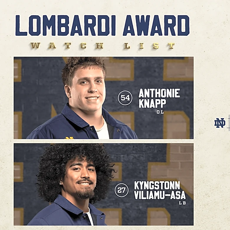Notre Dame OL Anthonie Knapp, LB Kyngstonn Viliamu-Asa Named to Lombardi Award Watch List