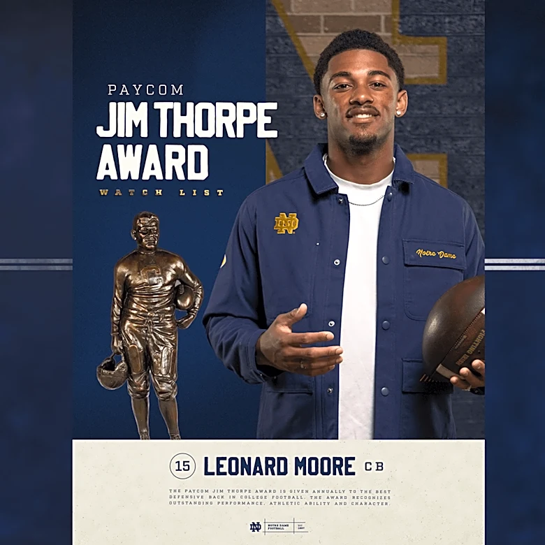 Notre Dame CB Leonard Moore Selected to Jim Thorpe Award Watch List