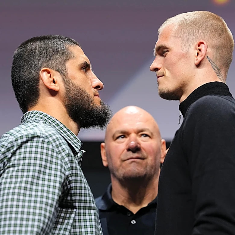 Ian Machado Garry towers over Islam Makhachev at pre-fight press conference face-off