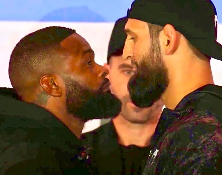 Video: Mighty Khamzat towers over tiny Tyron Woodley ahead of RAF Moscow main event