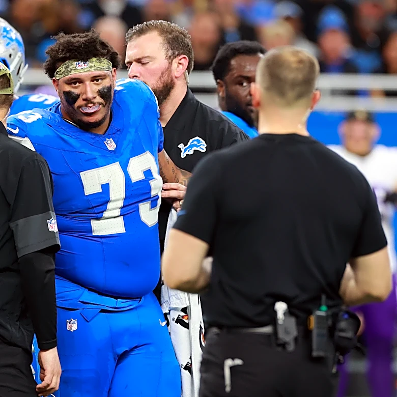 Christian Mahogany injury update: Detroit Lions LG carted of (knee)