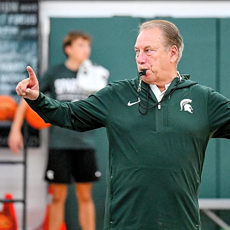 Tom Izzo speaks to the media following the first day of practice