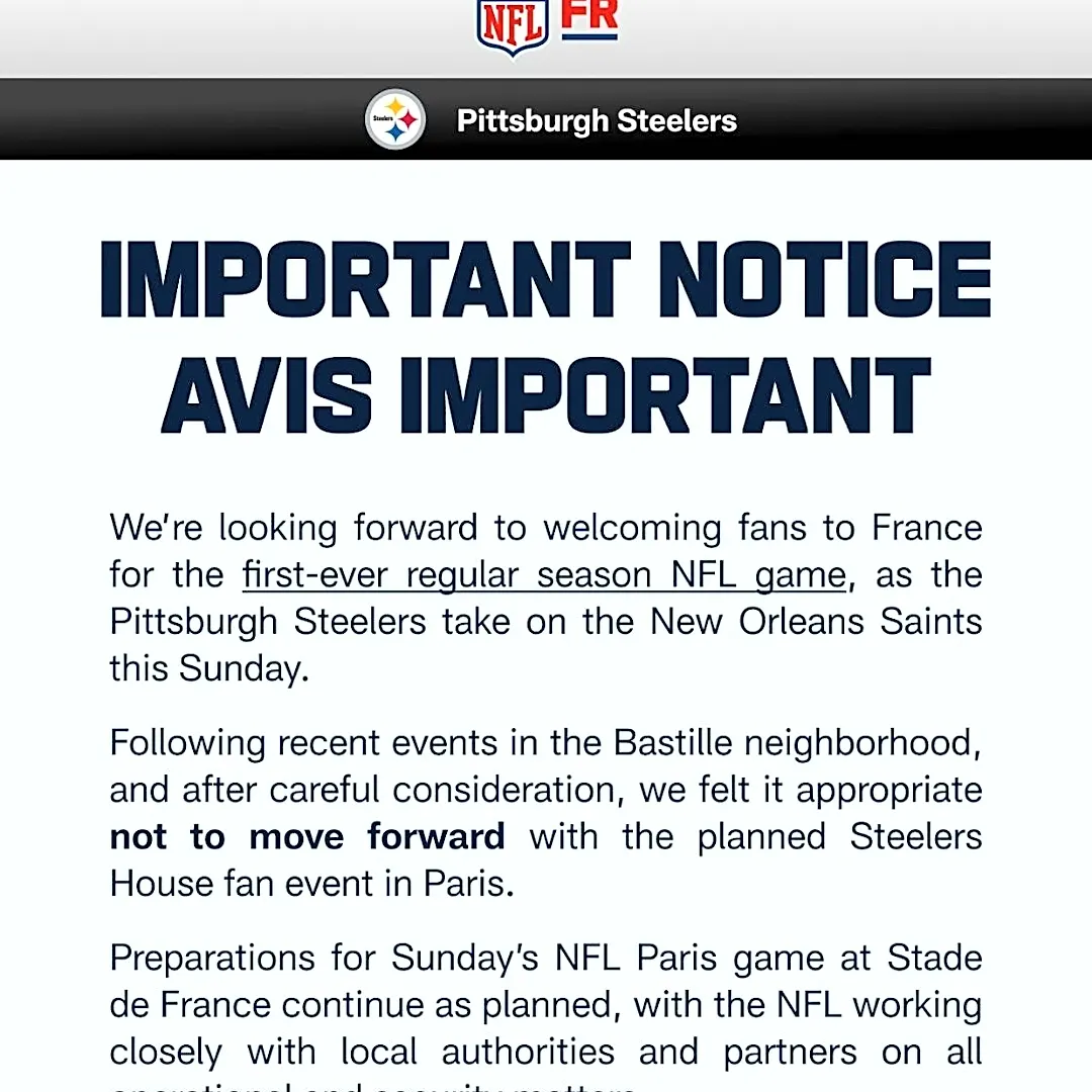 Steelers cancel fan event in Paris due to safety concerns