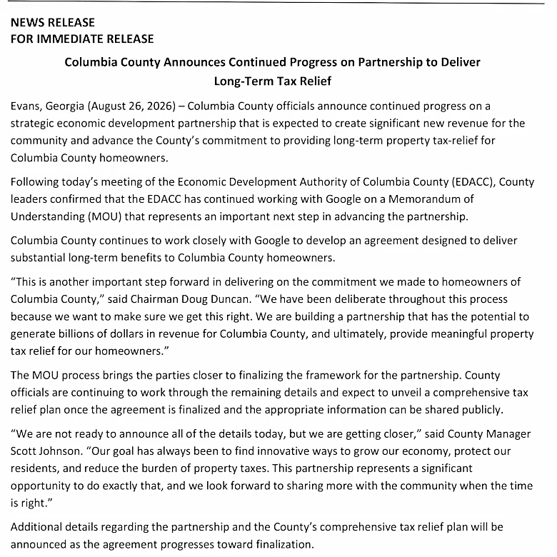 Columbia County pitches Google project as path to property tax relief