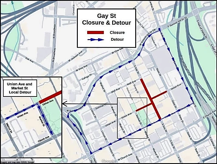 Gay Street closed to cars and some sidewalks blocked through Aug. 31