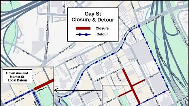 Gay Street closed to cars and some sidewalks blocked through Aug. 31