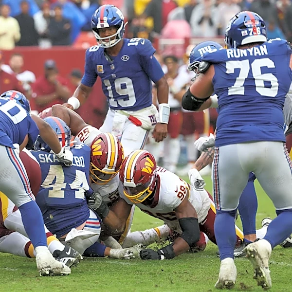 Cam Skattebo, Jayden Daniels commit OT flubs as Giants, Commanders tie