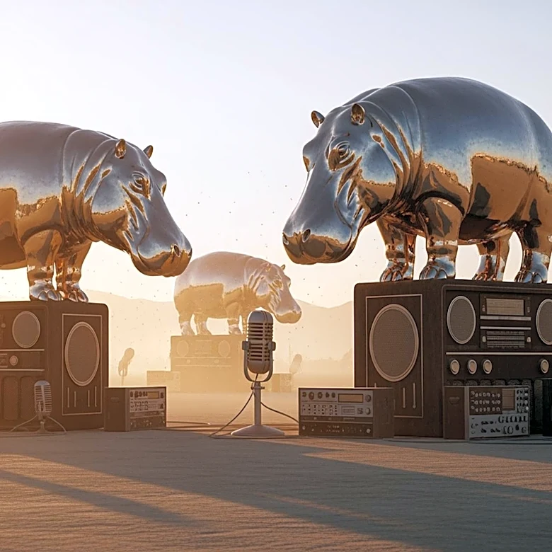 Coachella's Hippos Return as Media Barons, Captivating Festival Goers