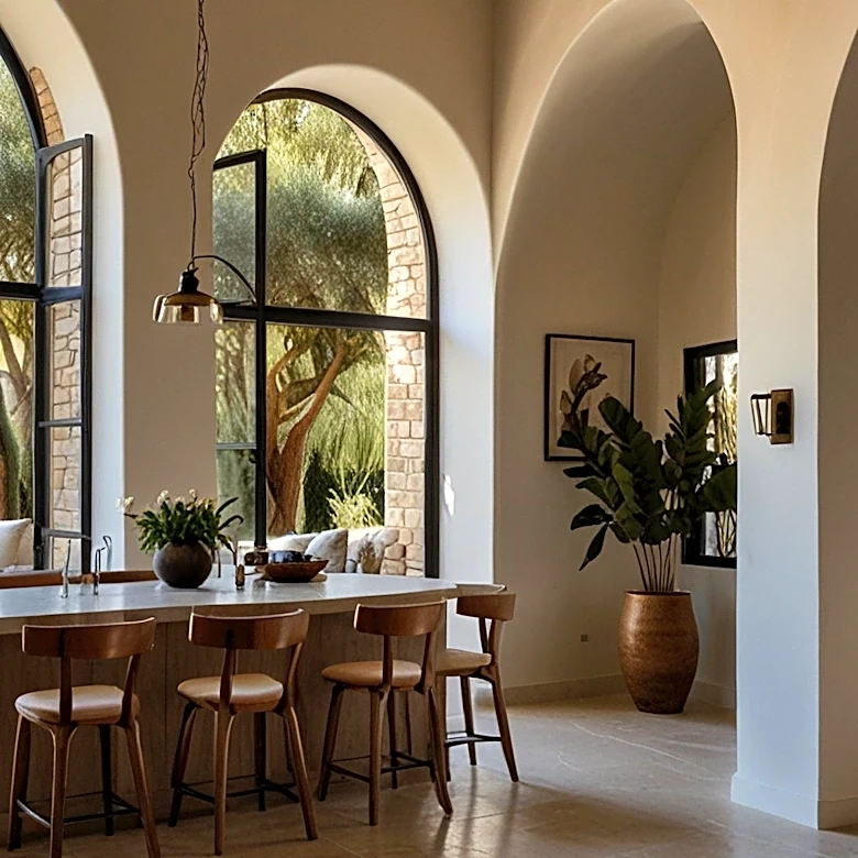 Modern Mediterranean Interior Design Emphasizes Warm Neutrals and Material Contrast for Cohesive Open-Plan Living