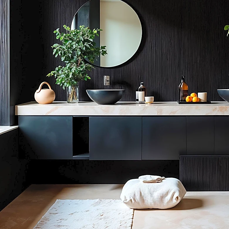 Interior Stylists Advocate Dark Cabinetry for Minimalist Bathroom Upgrades