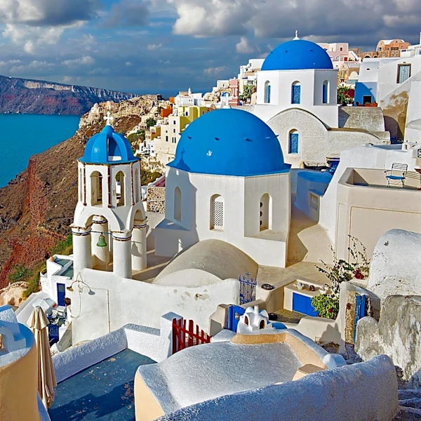 Santorini, Greece, Recognized for Dramatic Scenery and Volcanic Activity