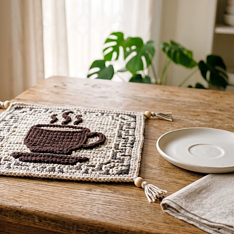 The Loopy Lamb Releases Free Mosaic Crochet Mug Rug Pattern Featuring Coffee Cup Motif