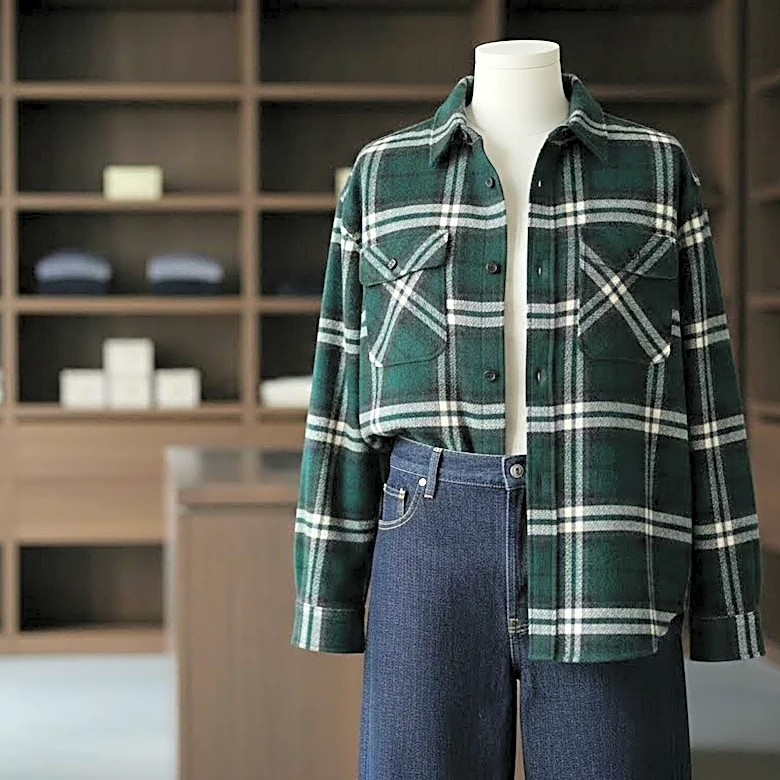 How to Style Navy Wide-Leg Jeans and a Plaid Overshirt for Coffee Runs