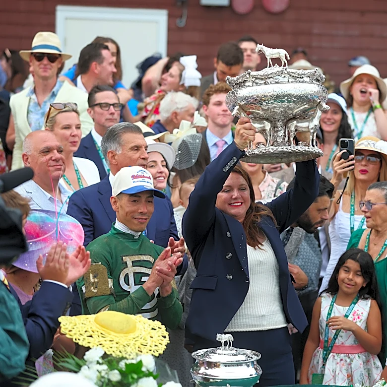 Watch Cherie DeVaux's incredible reaction as Golden Tempo wins Belmont Stakes
