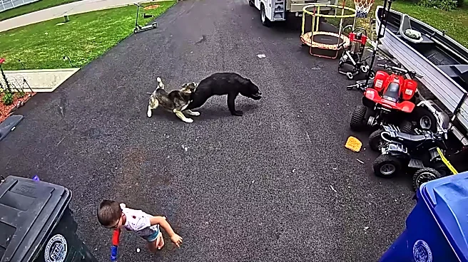 Watch brave husky chase bear away from child playing in driveway
