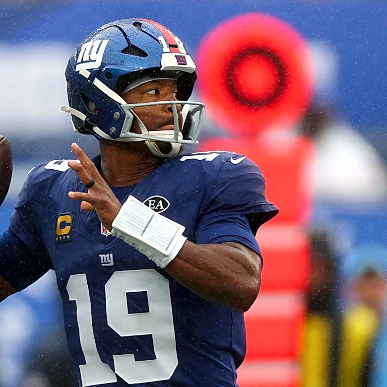 Giants' Jameis Winston tackles Giants' Cam Skattebo in backfield botch