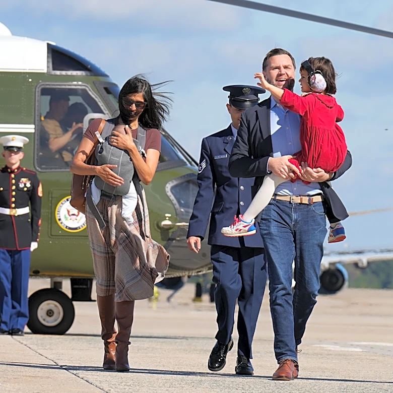 Usha Vance appears to stumble while deboarding helicopter with infant