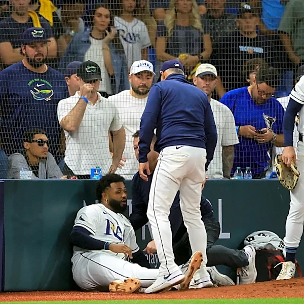Rays star Junior Caminero goes down hard after collision in MLB playoffs