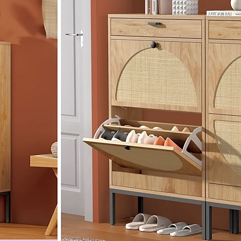This boho rattan cabinet holds 12 pairs of shoes for less than $100