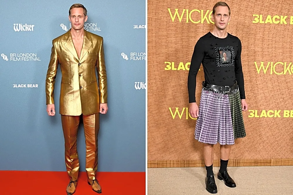 Alexander Skarsgård on His Wacky ‘Wicker’ Red Carpet Looks: From Clear Shoes and a Multicolored Skirt to a Gray Wig Inspired by Co-Star Olivia Colm...