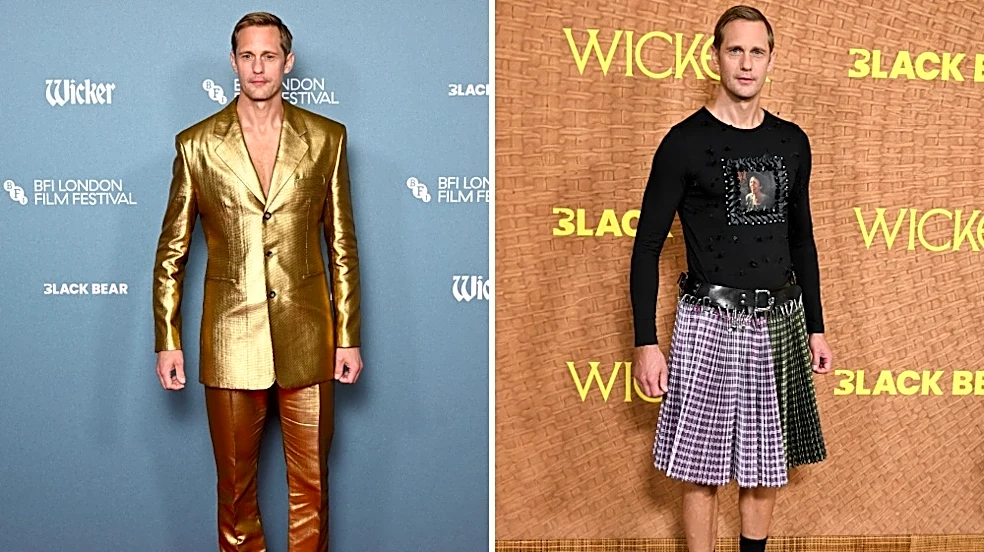 Alexander Skarsgård on His Wacky ‘Wicker’ Red Carpet Looks: From Clear Shoes and a Multicolored Skirt to a Gray Wig Inspired by Co-Star Olivia Colm...