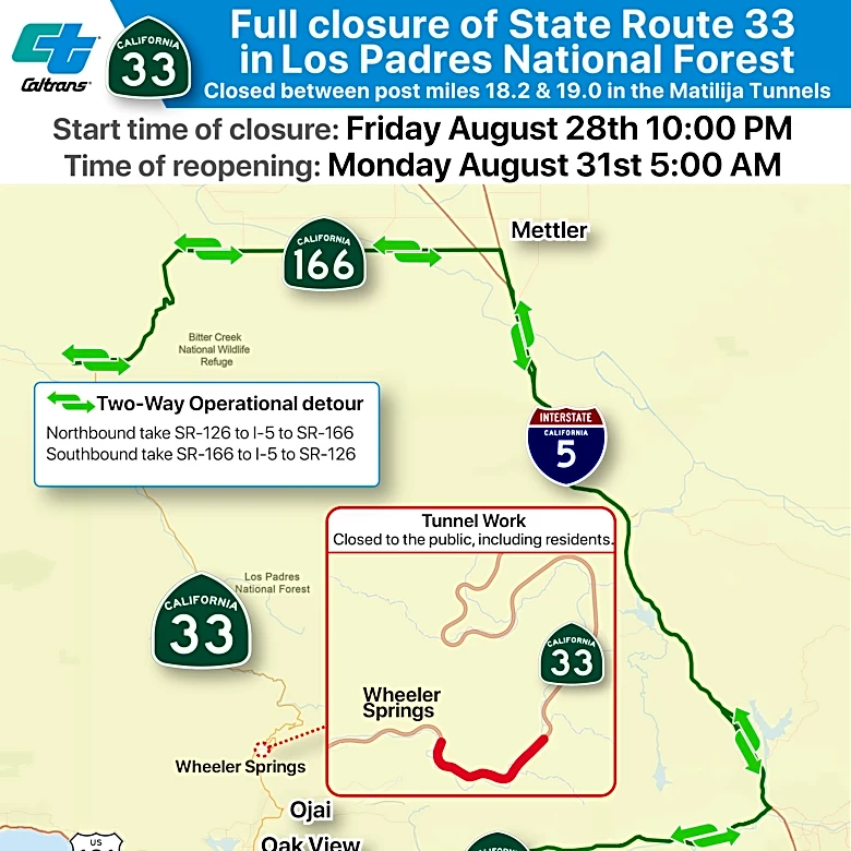 Highway 33 to shut down north of Ojai for a weekend